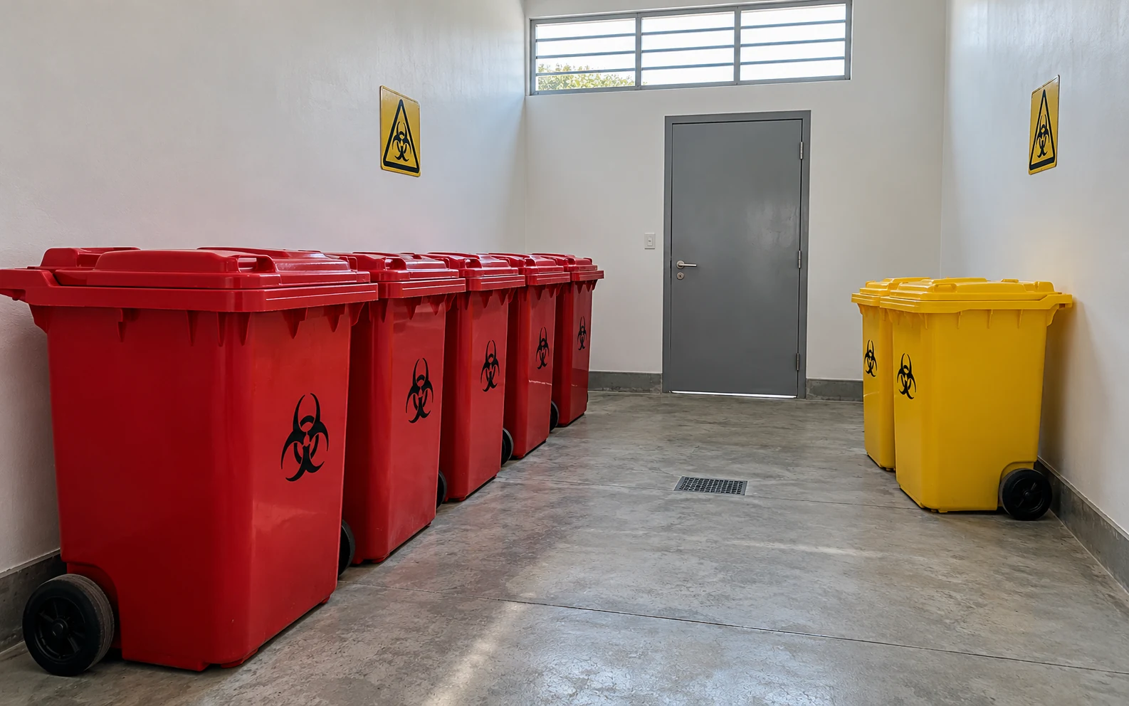 Representación de un área de almacenamiento con recipientes cerrados e identificación.